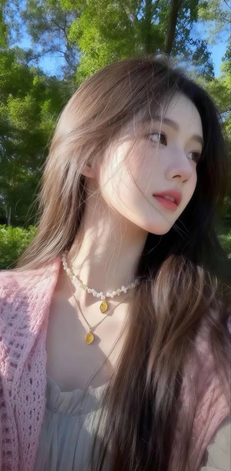棕发美女粉色针织开衫白色连衣裙户外树林自然光人物手机壁纸