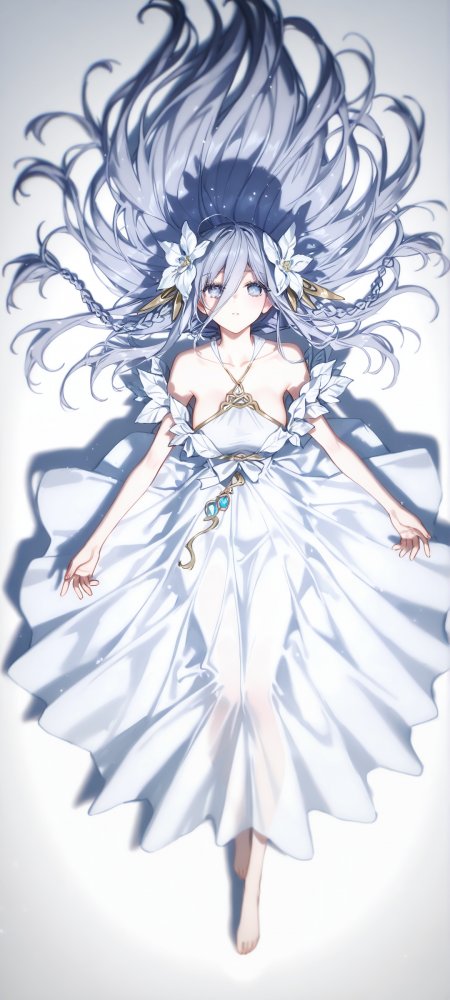 银发少女白色礼服花朵发饰漂浮姿态梦幻动漫手机壁纸