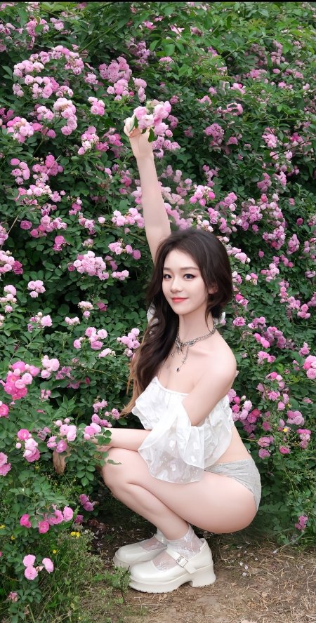 长发美女蹲粉色玫瑰花丛穿白上衣灰短裤人物手机壁纸