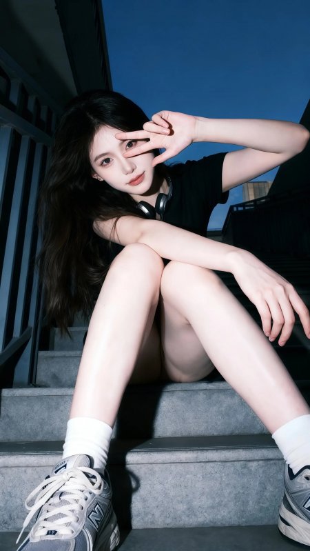 长发美女穿黑T恤坐台阶戴耳机比手势人物手机壁纸
