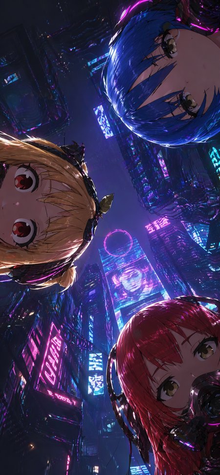 赛博都市仰视三少女科幻二次元动漫手机壁纸