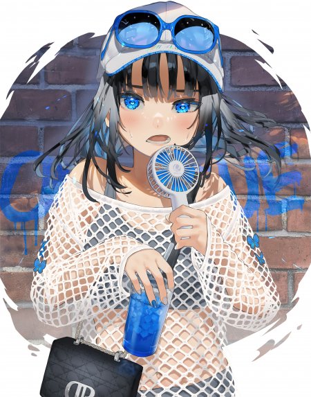 真白K大黑发蓝瞳少女网纱上衣戴帽持风扇蓝调街头风动漫手机壁纸