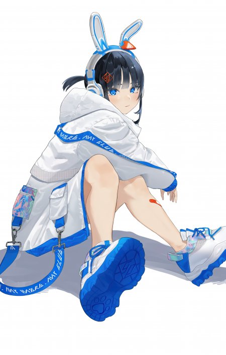 真白K大黑发蓝瞳少女兔耳耳机白外套蓝运动鞋坐姿休闲动漫手机壁纸