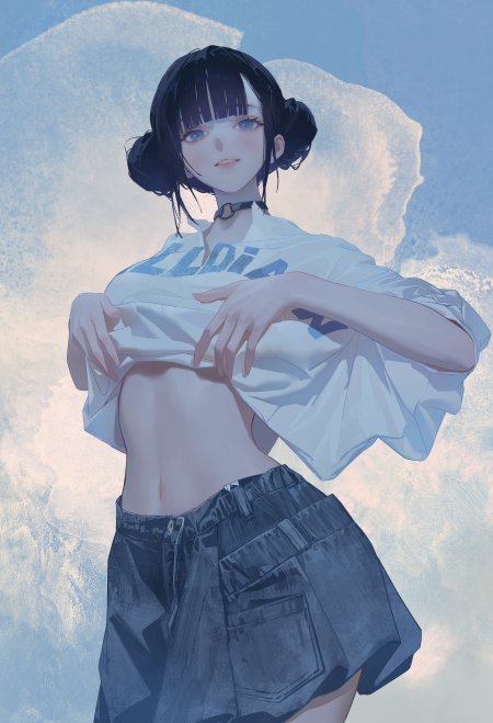 蓝发丸子头少女掀衣露腰二次元动漫手机壁纸
