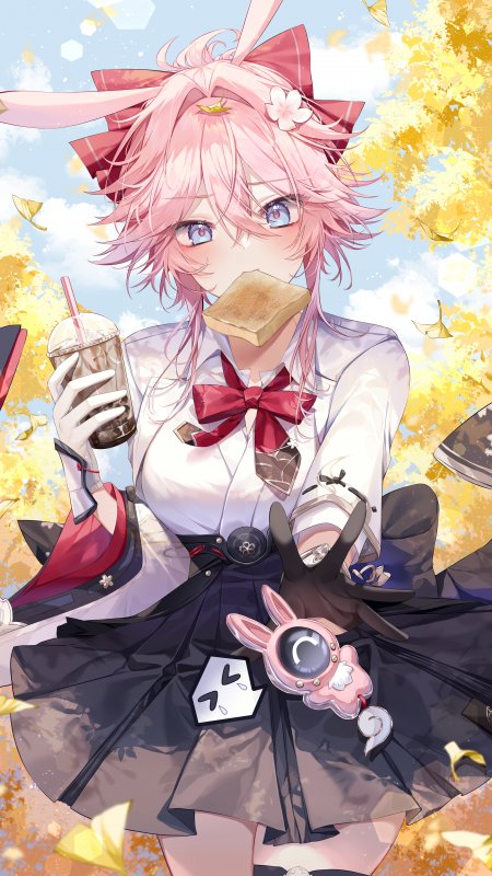 崩坏星穹铁道三月七粉发少女兔耳校服持饮料咬面包可爱动漫手机壁纸