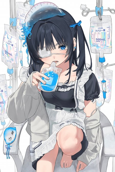真白K大黑发双马尾少女眼罩女仆装持饮料蓝调医疗风动漫手机壁纸