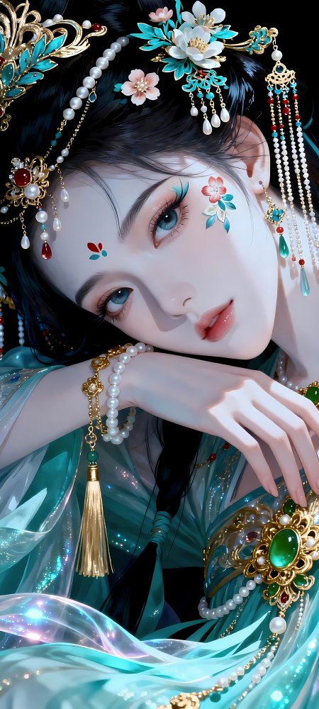 蓝瞳古风少女簪花佩玉华美动漫手机壁纸