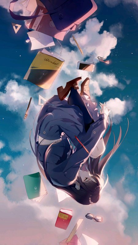 织布机loom坠落少女校服漂浮空中书本文具散落创意动漫手机壁纸