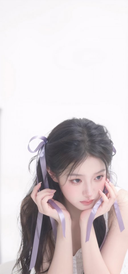 紫丝带双马尾少女白裙托腮温柔表情甜美人物手机壁纸