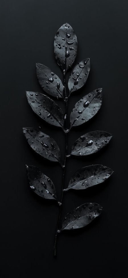 黑色枝叶水滴特写深色背景极简创意手机壁纸