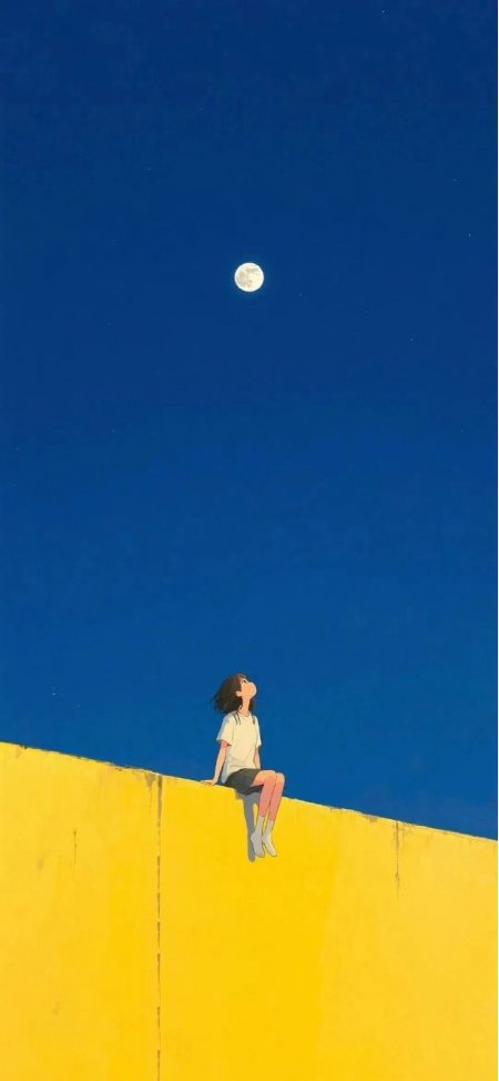 小女孩黄色墙头仰望月亮深蓝夜空治愈系插画手机壁纸