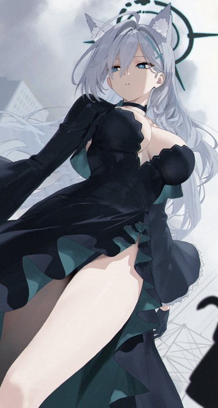 蔚蓝档案砂狼白子银发猫耳少女黑绿高开叉礼服优雅站立动漫手机壁纸