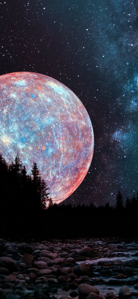 奇幻星球彩色表面星空森林溪流背景创意手机壁纸