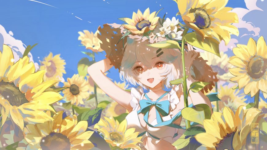原创向日葵花田少女夏日动漫电脑壁纸