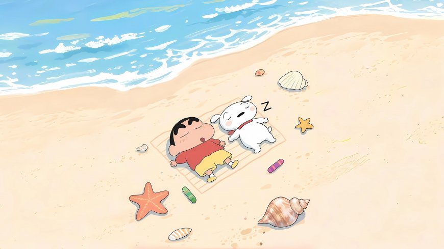 蜡笔小新小白沙滩睡觉治愈动漫电脑壁纸