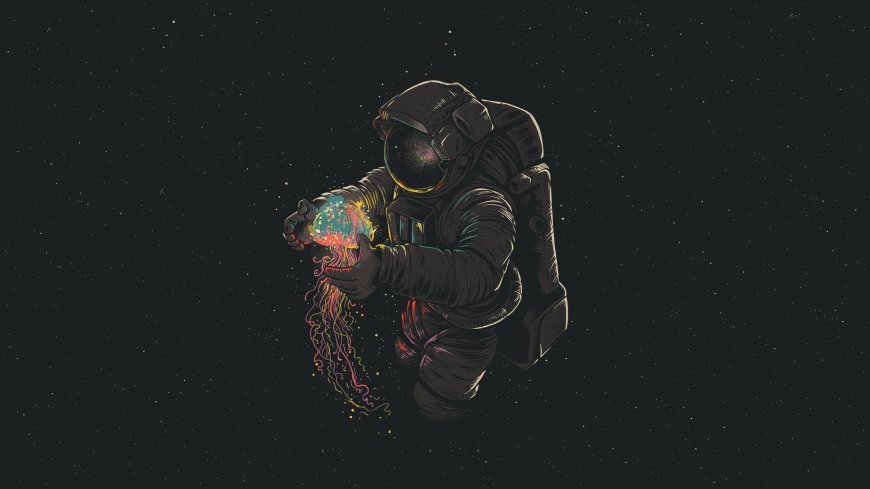宇航员手捧霓虹水母太空科幻创意电脑壁纸