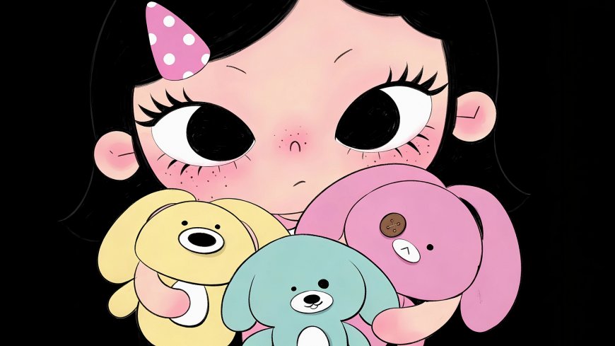 黑发小女孩抱三色泰迪熊可爱插画电脑壁纸