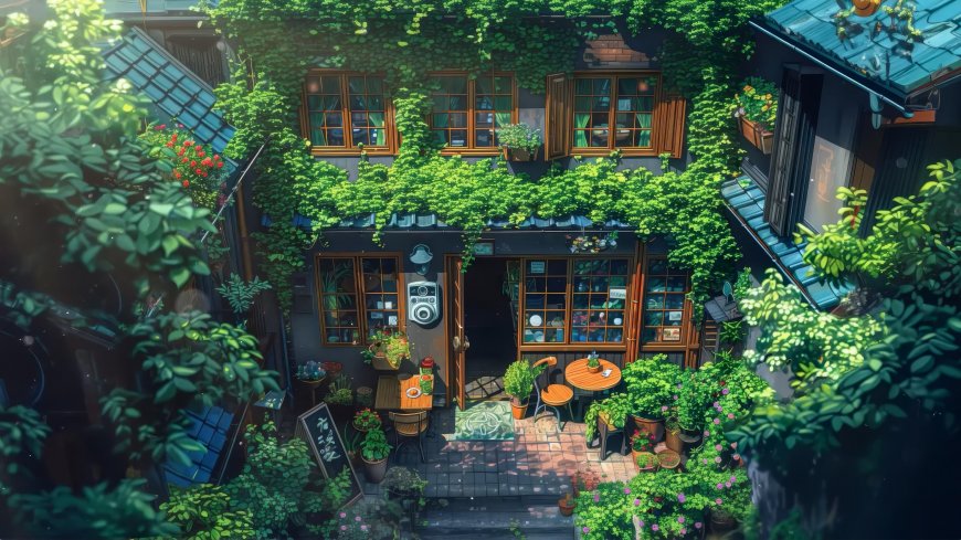 绿植环绕庭院小店治愈系插画风景电脑壁纸