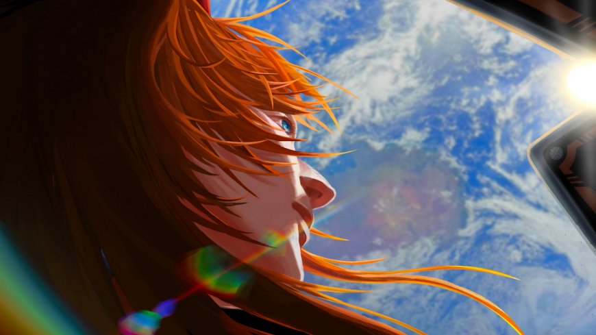 橙发少女舷窗凝望地球科幻动漫电脑壁纸