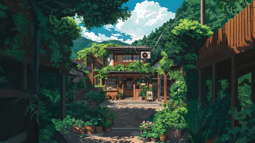 日式庭院绿植环绕咖啡小店治愈动漫电脑壁纸