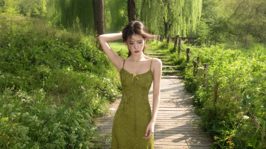 夏日林间木栈道清新绿裙美女人像摄影电脑壁纸