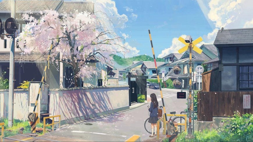 少女樱花街道铁道口等待治愈系风景电脑壁纸