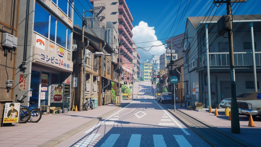日式街道便利店电车轨道风景电脑壁纸