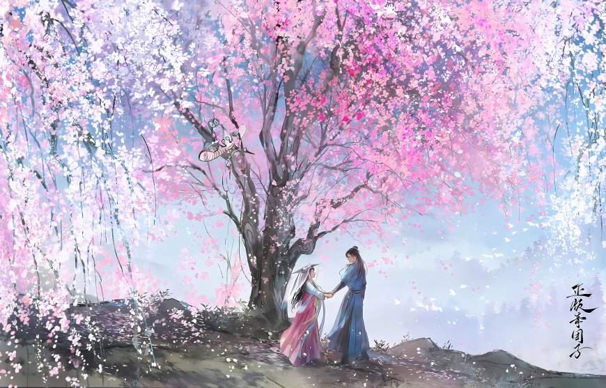 古风男女樱花树下牵手唯美情侣动漫电脑壁纸