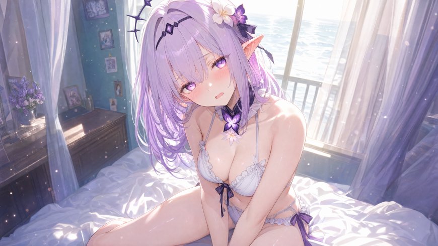紫发精灵少女海边卧室动漫电脑壁纸