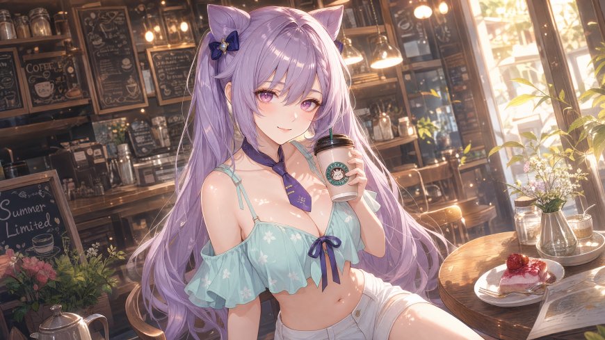 原神刻晴咖啡店休闲少女动漫电脑壁纸
