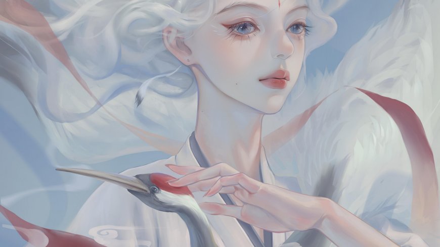 白发仙鹤古风少女动漫电脑壁纸