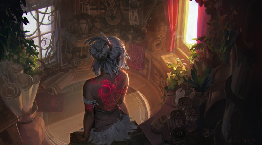 白发女性背对窗边红色纹身发光插画人物电脑壁纸