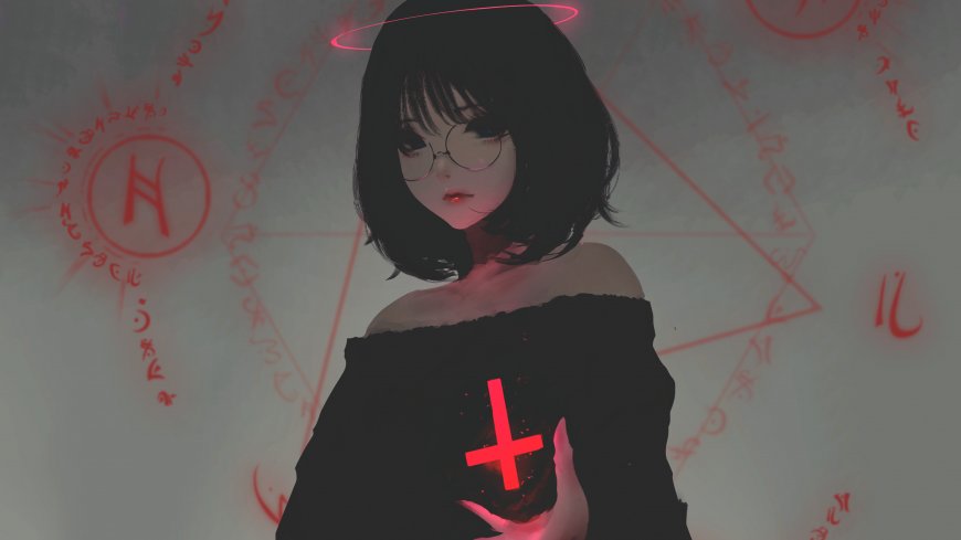 暗黑系短发少女手持发光十字架动漫少女电脑壁纸