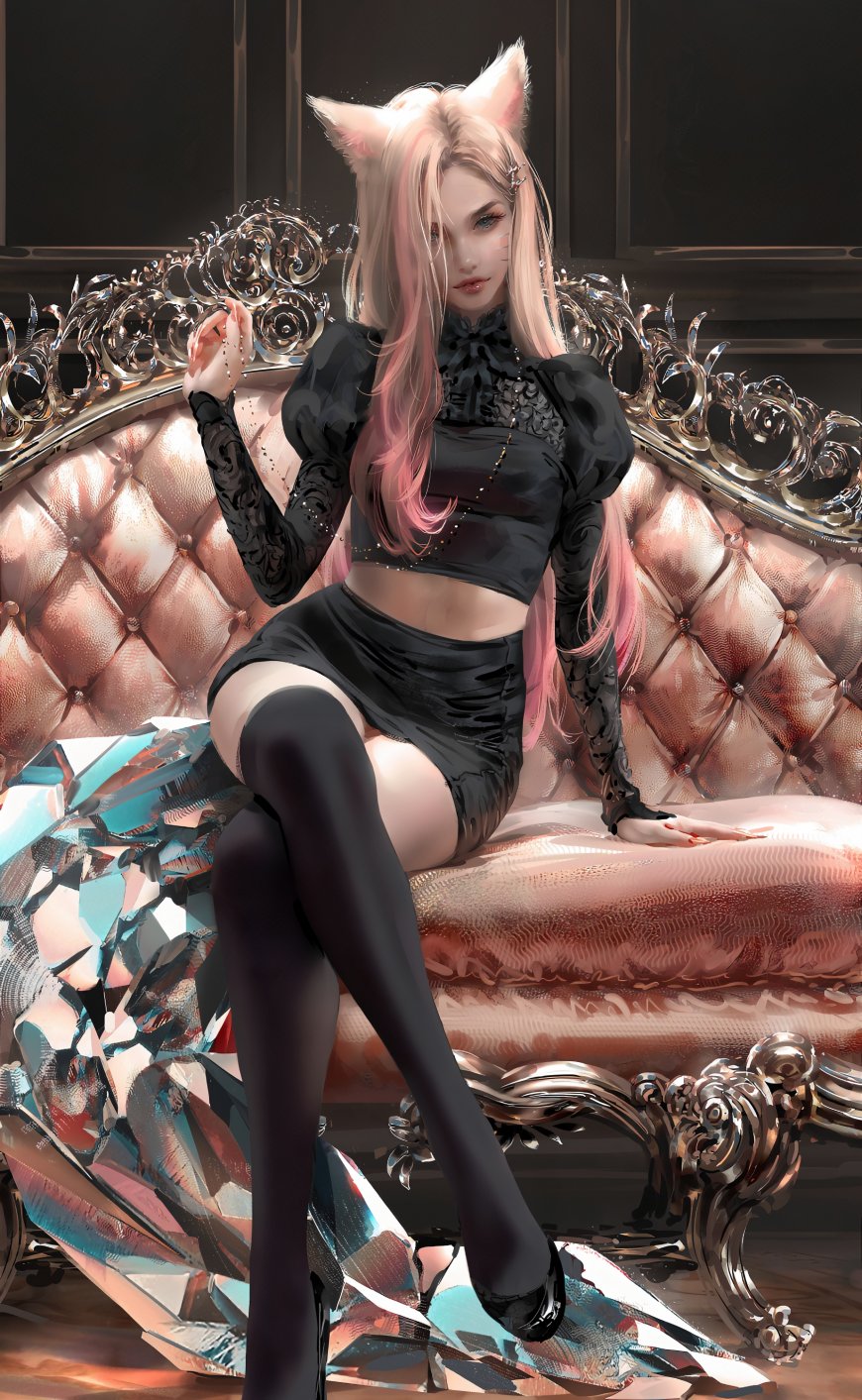 手绘猫耳女少女插画手机壁纸
