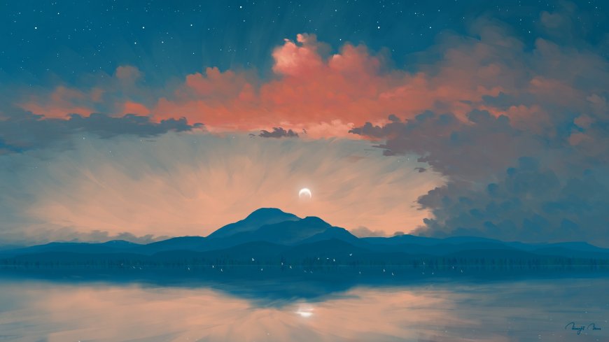 BisBiswas插画星夜山湖日落风景治愈风景电脑壁纸