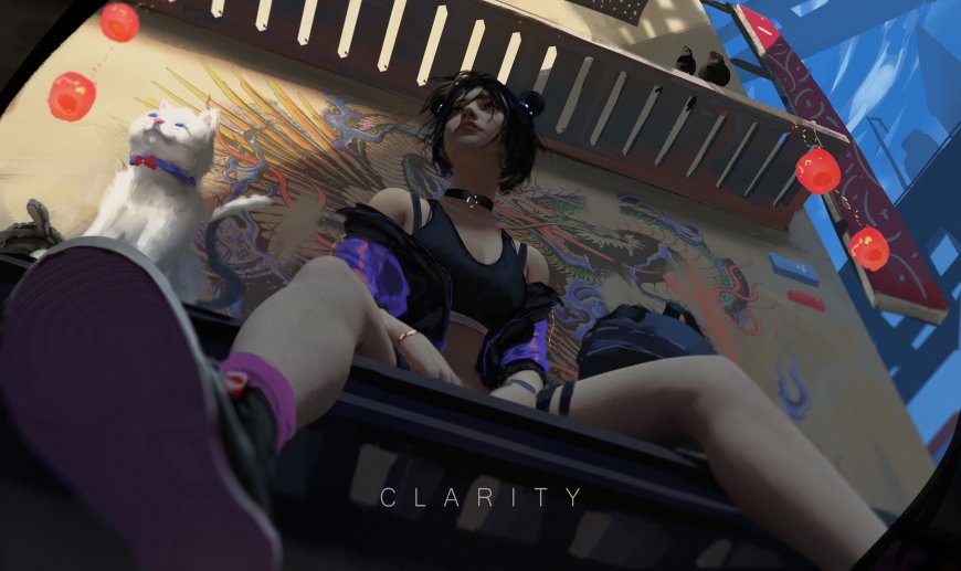 CLA RITY插画赛博朋克街头少女与猫动漫少女电脑壁纸
