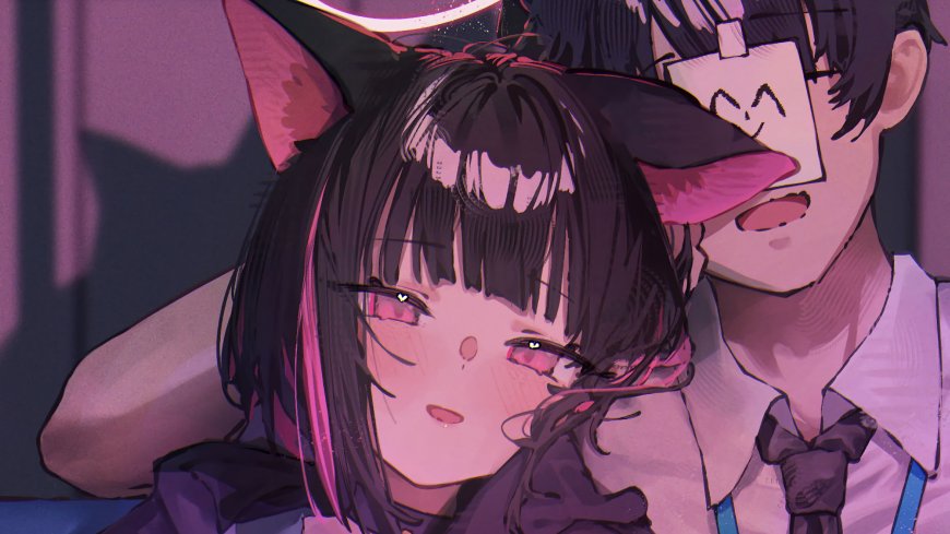 碧蓝档案猫耳少女与少年互动动漫电脑壁纸