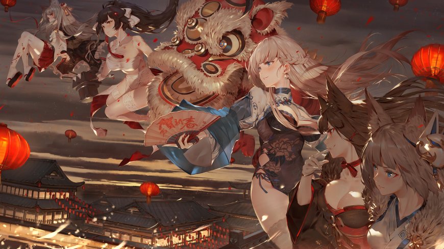 碧蓝航线新年贺图多位少女舞狮动漫少女电脑壁纸