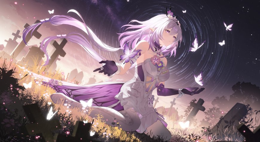 崩坏星穹铁道遐蝶在墓地与蝴蝶互动动漫电脑壁纸