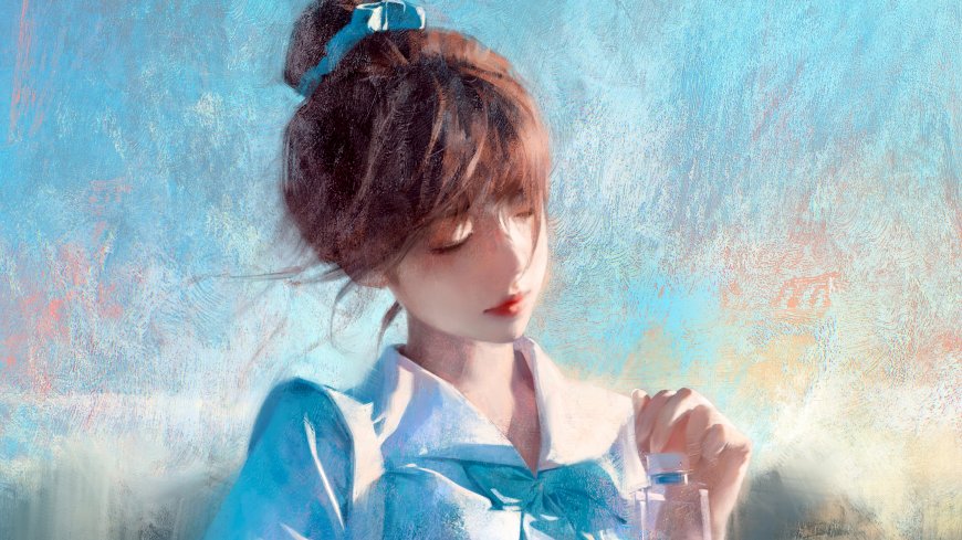 闭眼少女手持水瓶插画人物电脑壁纸