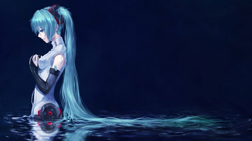 初音未来蓝发双马尾水中科技风动漫电脑壁纸