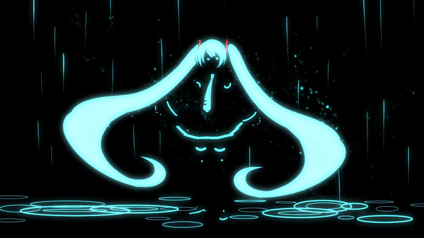 初音未来蓝发双马尾雨夜发光轮廓动漫电脑壁纸