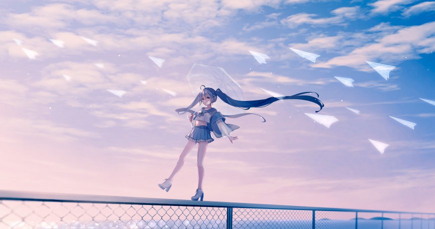 初音未来双马尾撑伞纸飞机天空动漫电脑壁纸