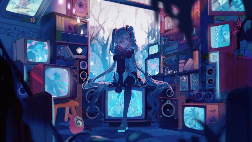 初音未来蓝发双马尾电视堆中动漫电脑壁纸