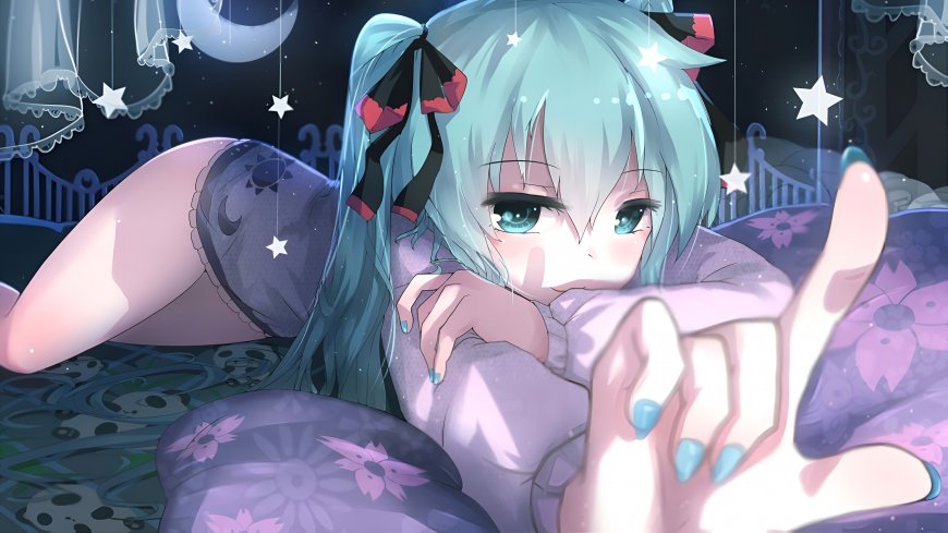 初音未来蓝发双马尾躺卧星空动漫电脑壁纸