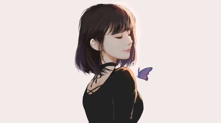 短发少女闭眼侧颜蝴蝶停在肩头治愈系动漫少女电脑壁纸