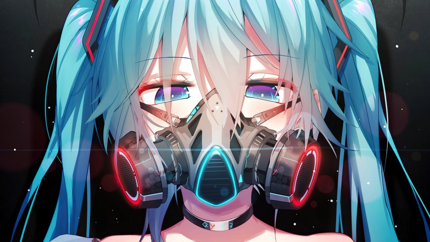 初音未来佩戴科技感防毒面具赛博朋克风格动漫少女电脑壁纸