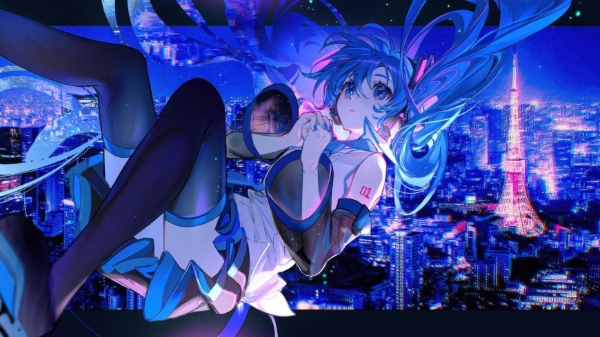 初音未来蓝发双马尾赛博都市夜景动漫电脑壁纸