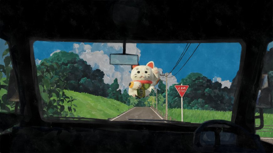 车内视角招财猫与乡村道路风景电脑壁纸