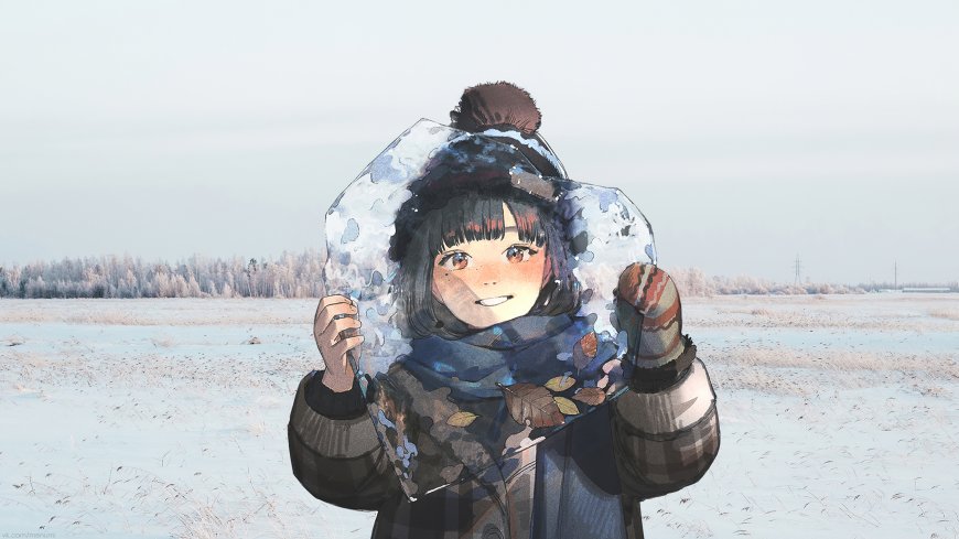 冬日雪地少女捧冰块微笑治愈系动漫少女电脑壁纸